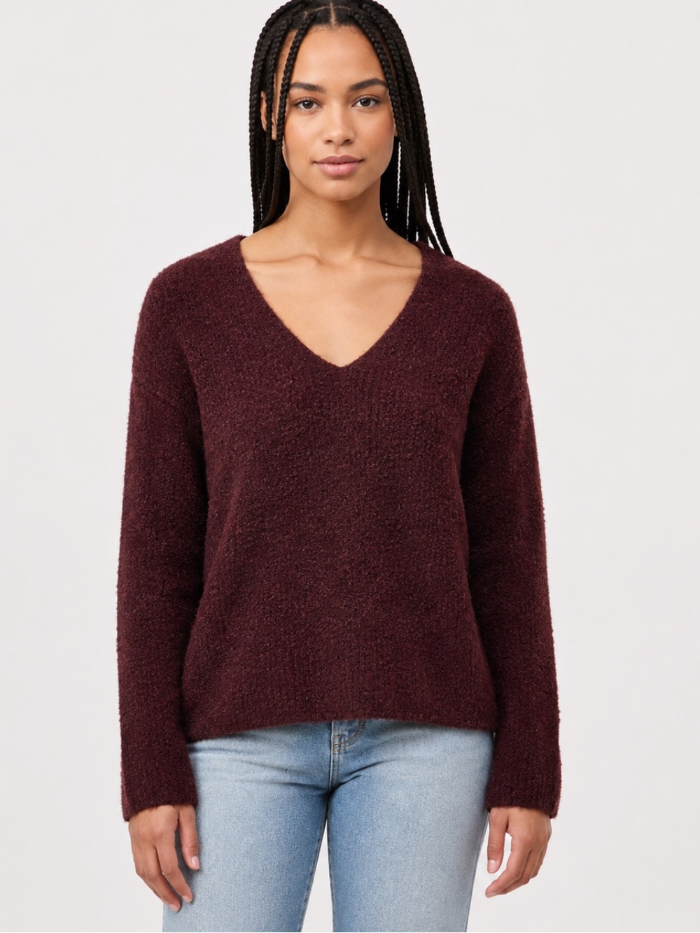 Tentree Burgundy Bouclé V Neck Sweater Medium Wool Blend Cozy Fall Capsule Wardr
